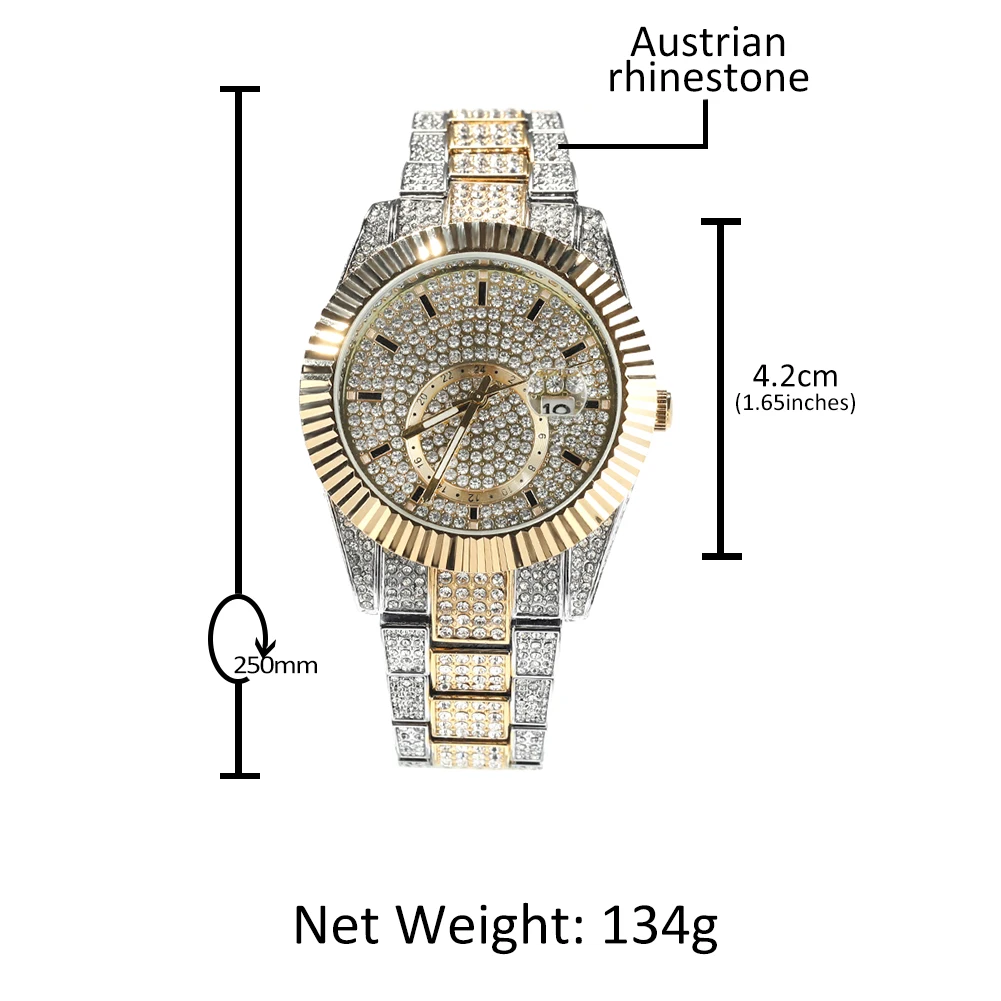 THE BLING KING Men\'s Watch Iced Out Quartz Clock Luxury Top Quality Rhinestone Automatic Date Business Waterproof Wrist Watches