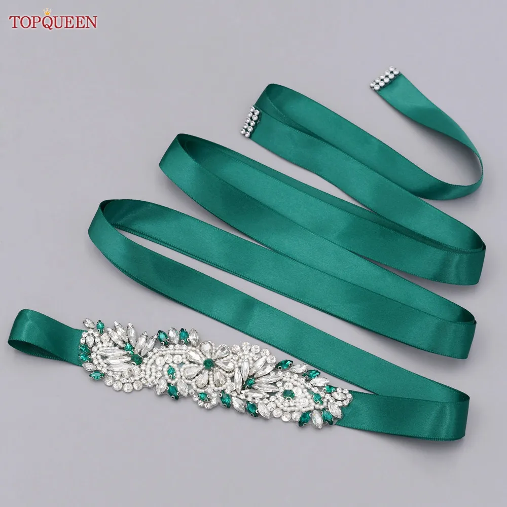 TOPQUEEN S22 Bride Rhinestone Belt Shiny Wedding Accessories Party Woman Emerald Belts Jewelry Wedding Dress Decoration Sash