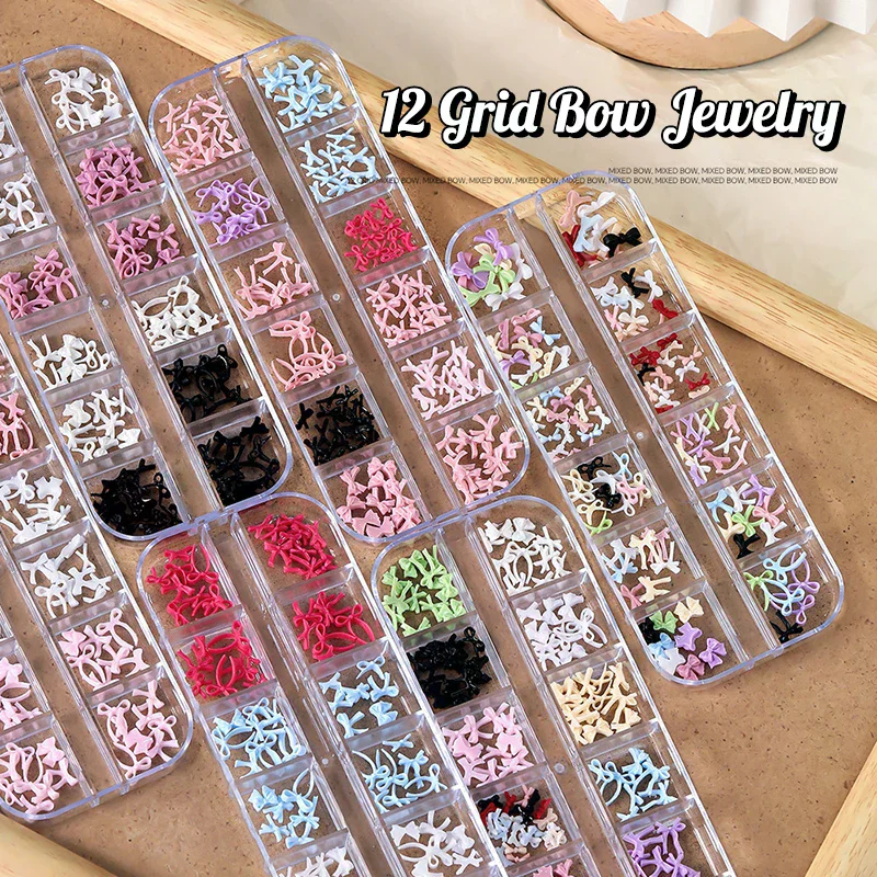 12 Grid Multiple Colors Bowknots Nail Art Charms Mini Adorable Line Bows Ties Resin Nail Decorations For DIY Earring Nail Suppli