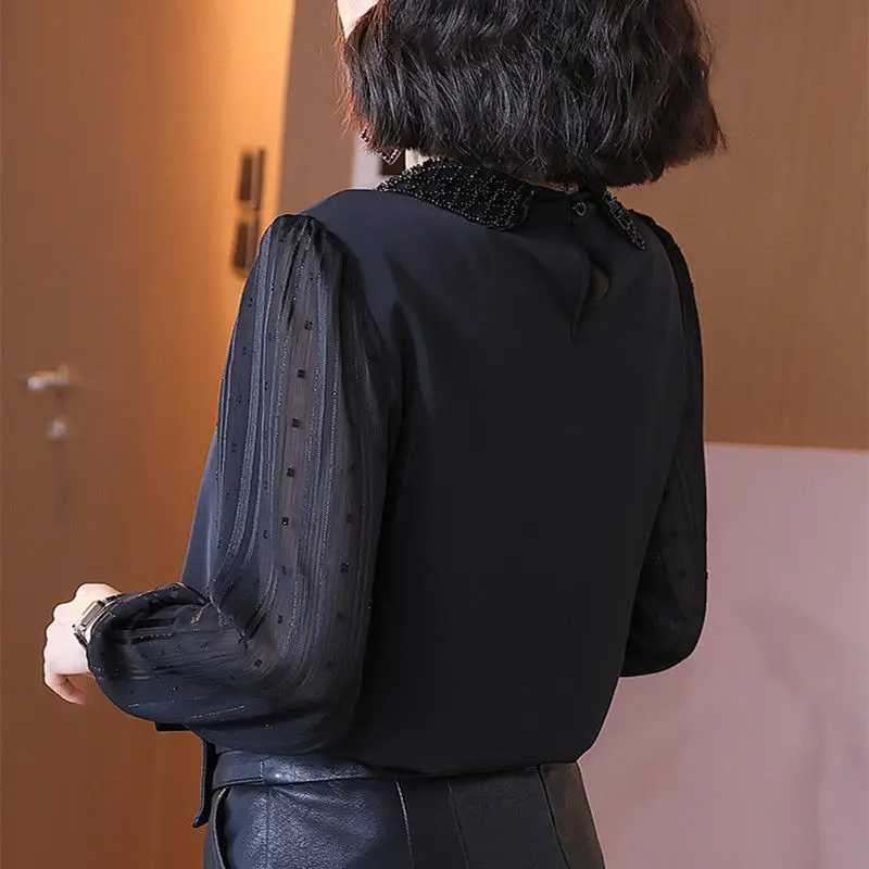 Camisa de gasa de manga larga para mujer, blusa elegante Coreana de malla negra, ropa de oficina urbana estética, primavera y verano, 2022