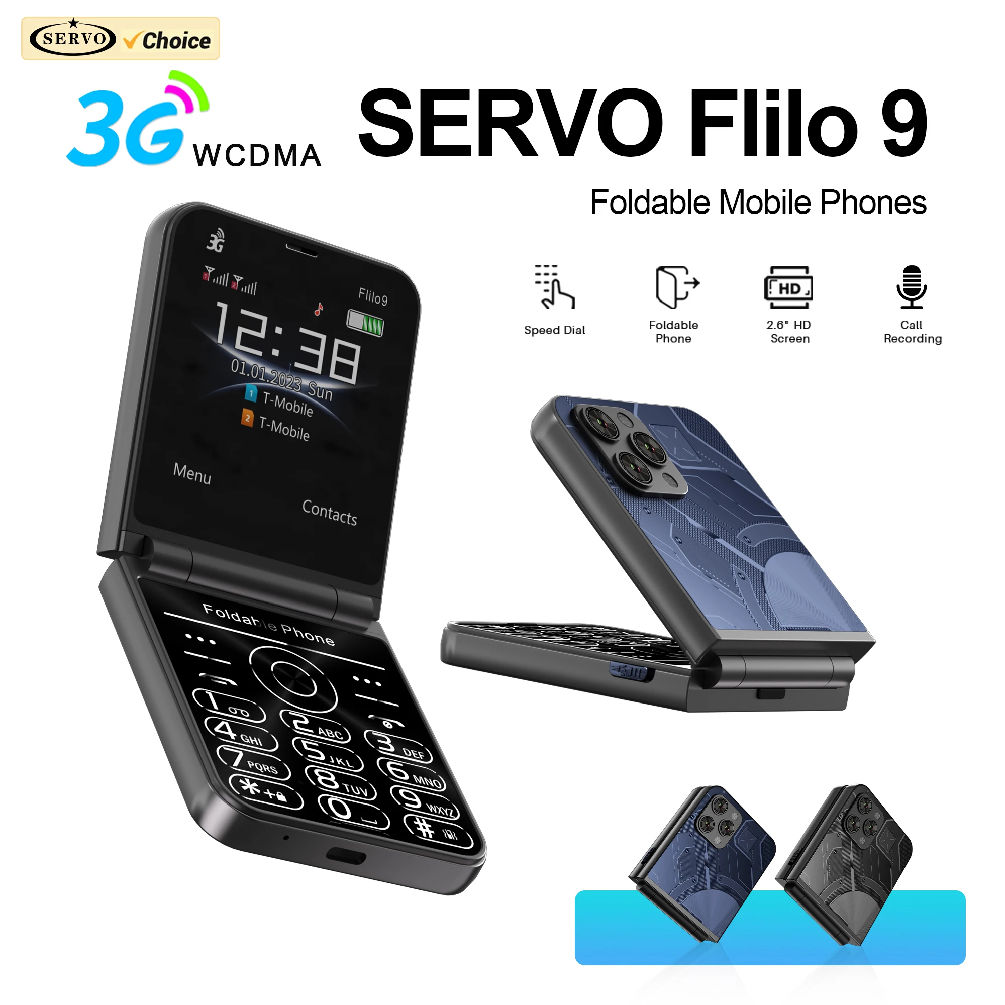 SERVO Flilo9 Flip Mobile Phone 3G/2G Dual SIM Card Speed Dial Call Recording Blacklist Flashlight FM Radio Folding Button Phones