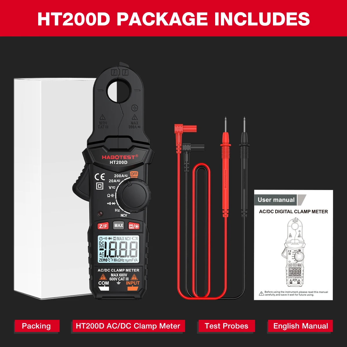 HABOTEST HT200D Digital Clamp Meter 2000 Counts True RMS NCV 600V Voltage 200A DC/AC Current Multimeter Clamp Current Meter