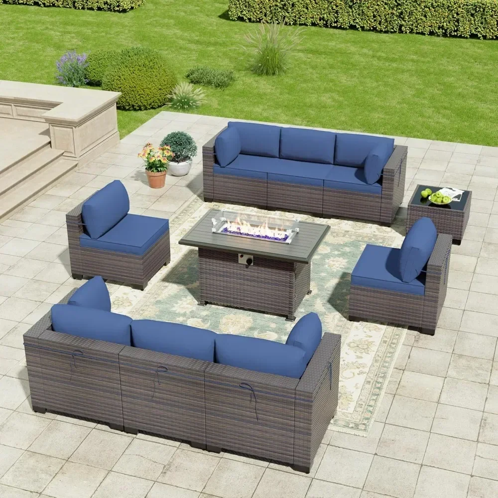 

10 Pieces Outdoor Patio Furniture Set with 55000BTU Gas Propane Fire Pit Table,PE Wicker Rattan Sectional Sofa Conversation Sets