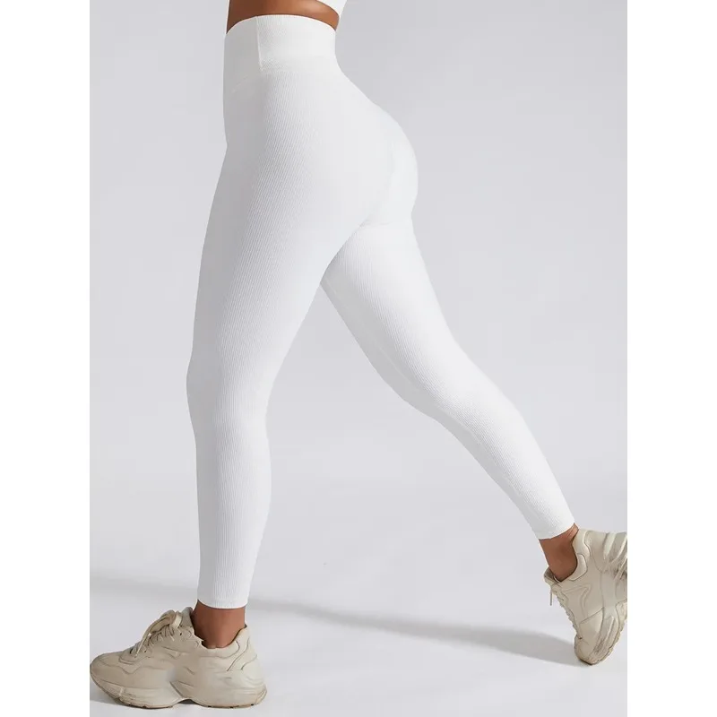 High Waist Yoga Pants Women Seamless Sport Pants Ribbed Knitted Fitness Leggings Solid White Running Pants Quick Dry Gym Leggins