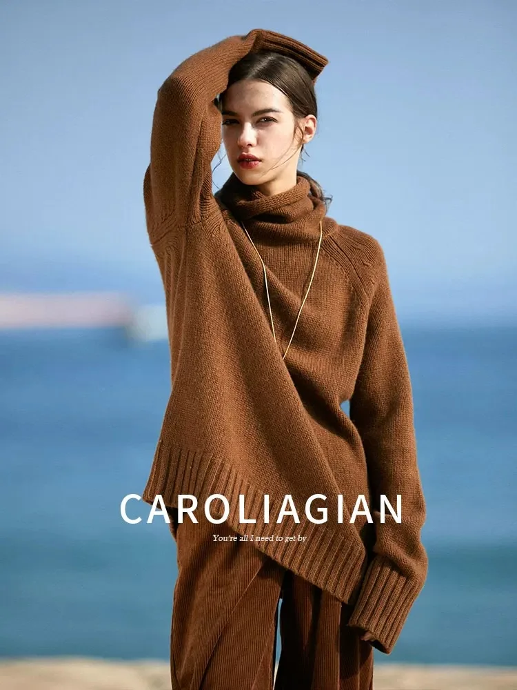 

Women's sweater autumn/winter new 100% pure wool pullover casual solid color knitted Tops Korean loose high collar Blouse thick