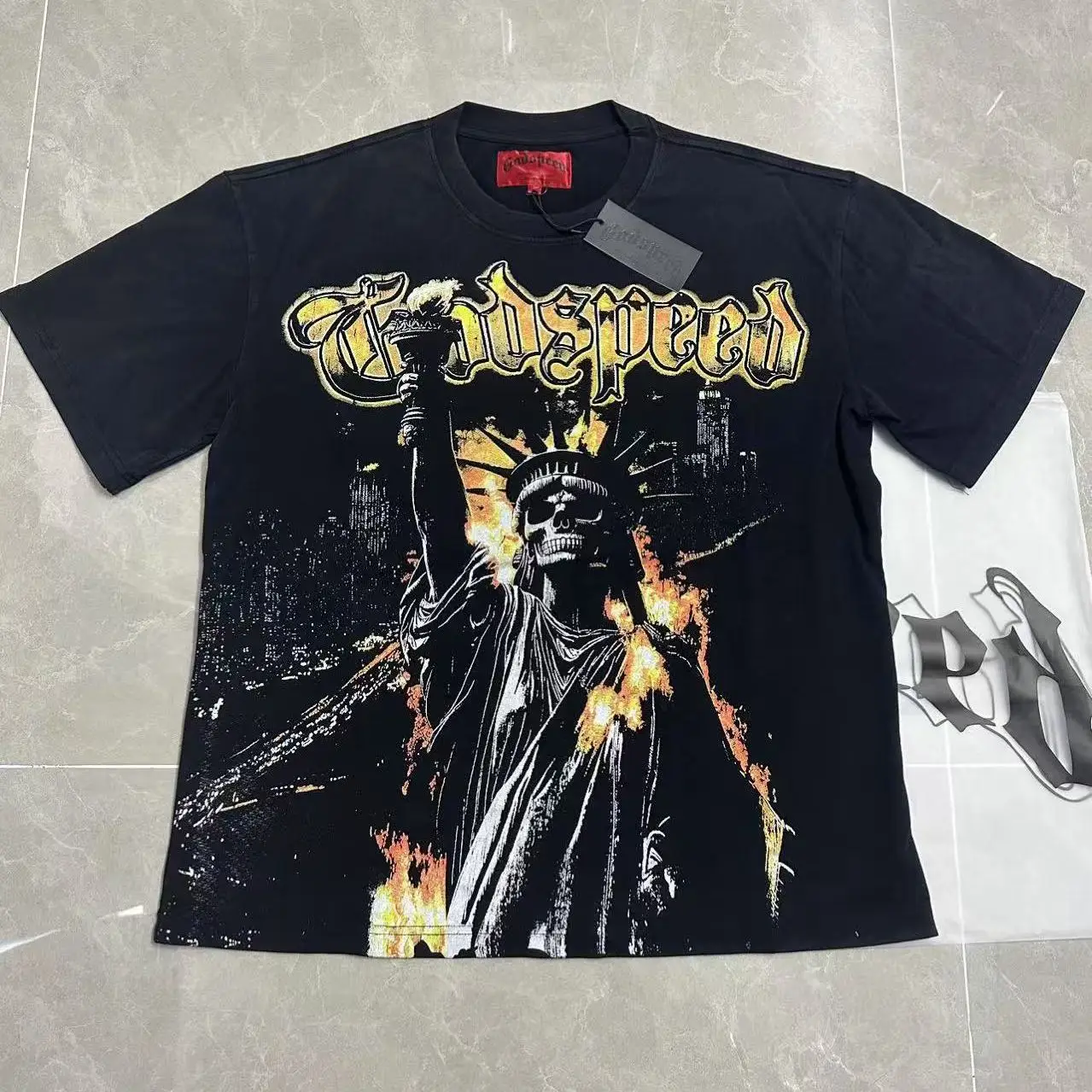 Retro Washed Cotton T-Shirt Skull Statue Print Loose Fit Short Sleeve Youthful Style Streetwear Casual round Neck Tee