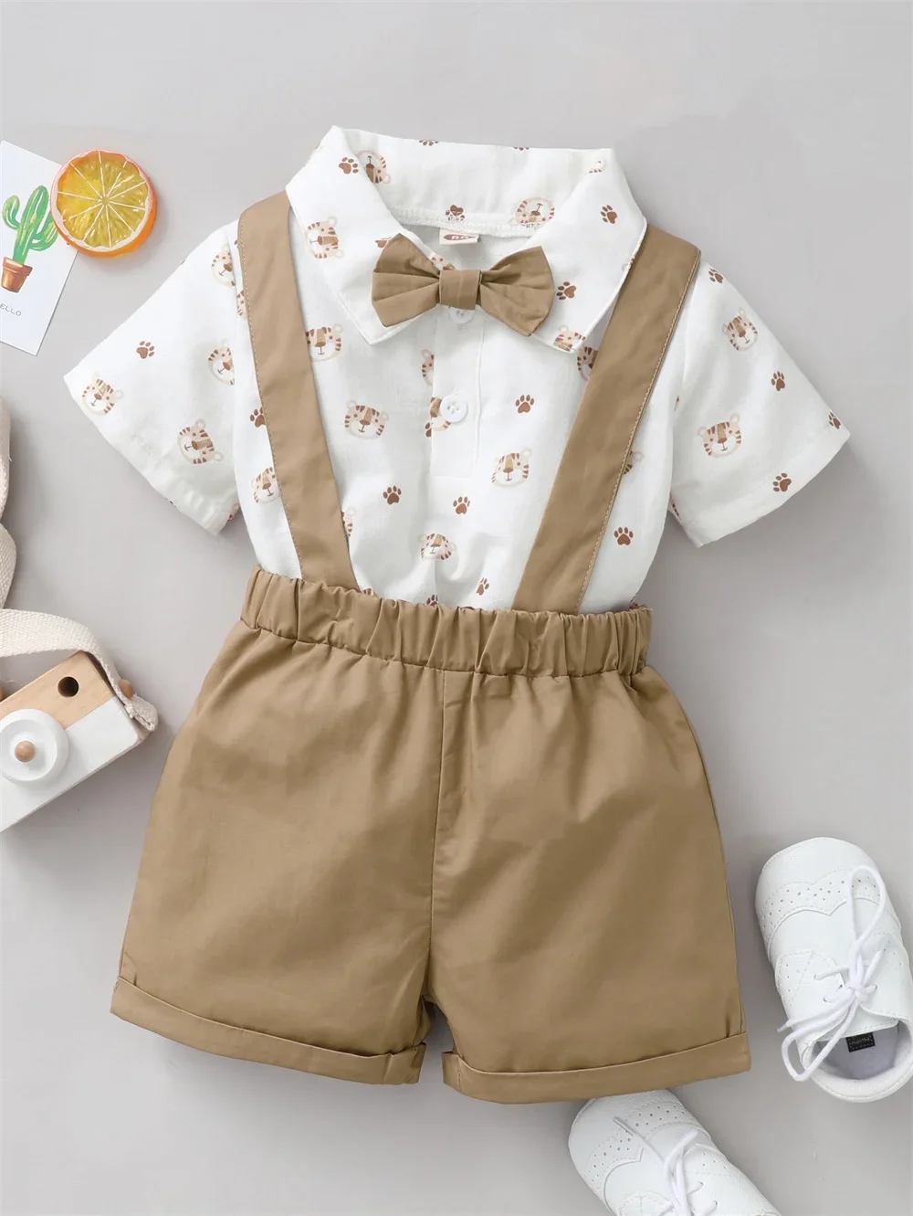 2PCS Infant Boy Clothes Set Tiger Print Short Sleeve with Bowtie+Strap Shorts Casual Wedding Party Suit for Toddler Boy 0-2Years