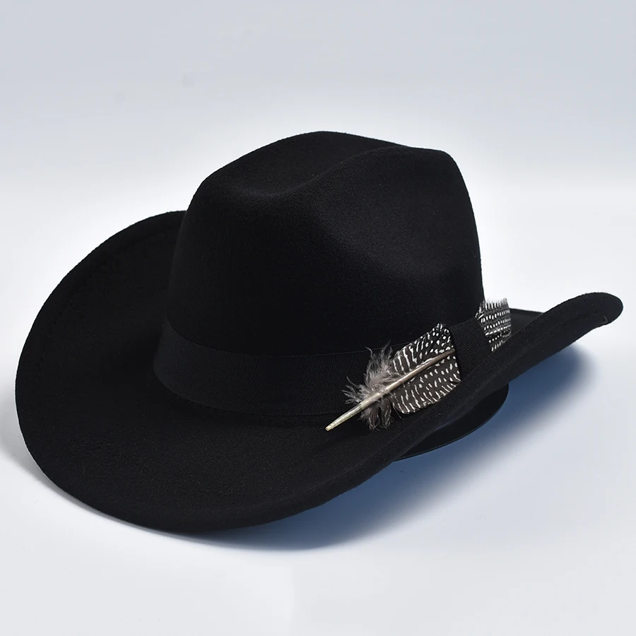 Handmade Feathers Cowboy Hat For Men\'s Vintage Curved Brim Gentleman Fedora Jazz Cap Sombrero Hombre