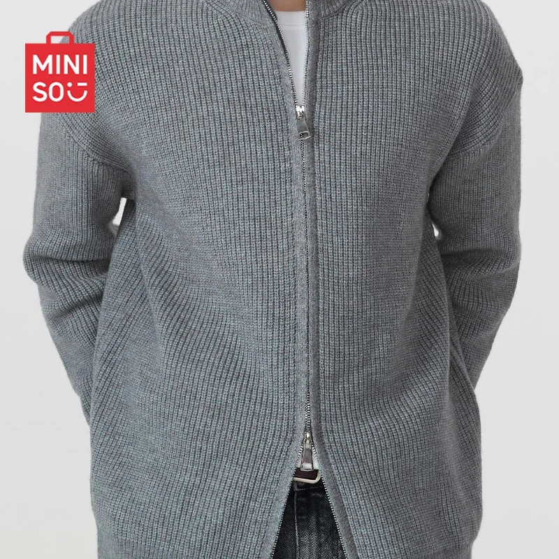 

Miniso Light Gray Men's Cardigan, Relaxed Fit Knit Sweater, Versatile Fall Casual Jacket