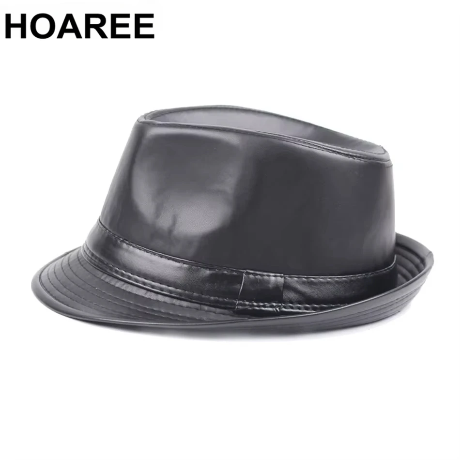

HOAREE Black Pu Leather Fedora Hat Men Classic Casual Jazz Caps Winter Vintage Trilby Hat Gentleman Light Weight Cap Male Brown