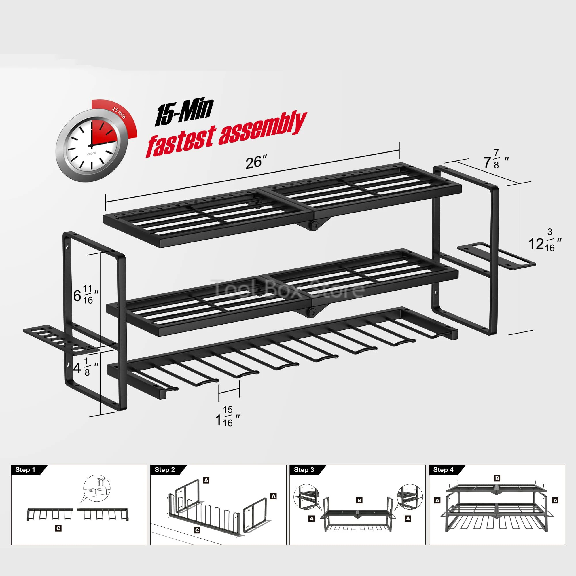 3 Layers Power Tool Organizer Heavy Duty Metal Tool Shelf for Garage Wall Mounted Electric Drill Holders Workshop Tool Cabinet