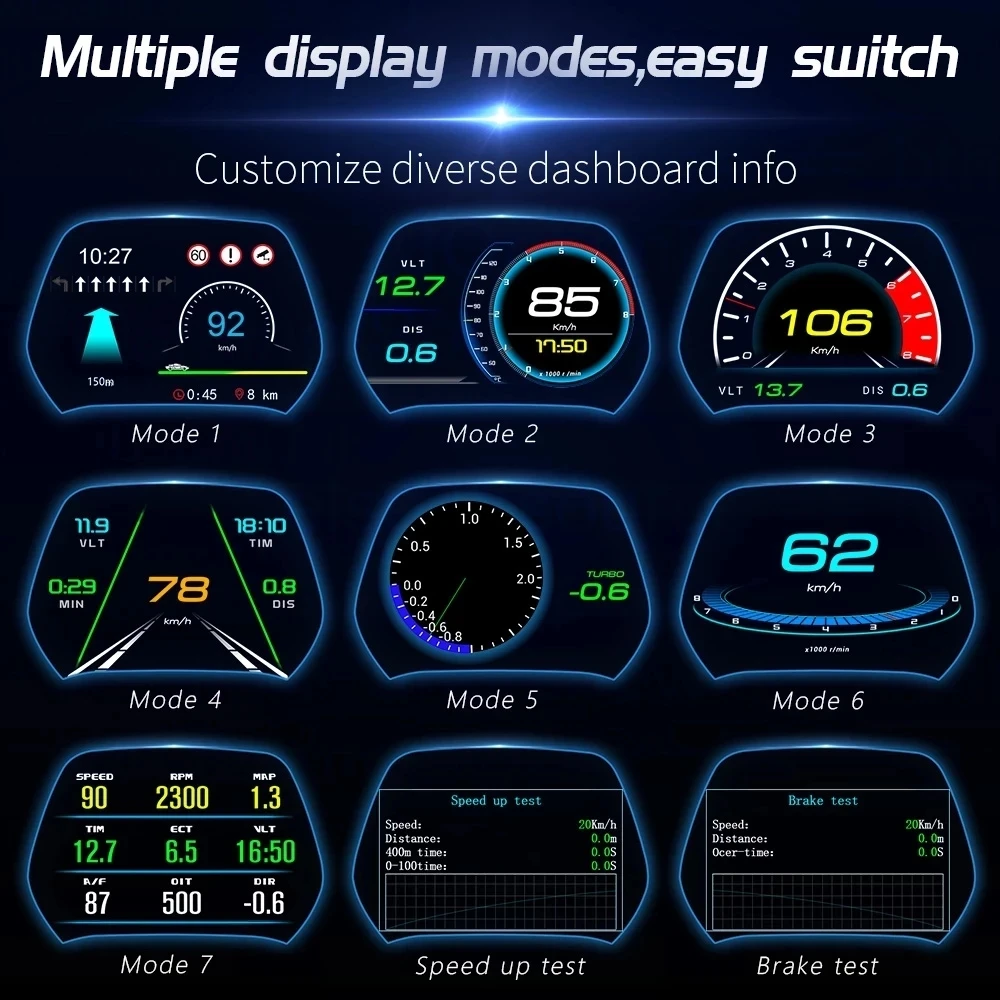 P19 Head Up Display Car HUD Navigation GPS OBD Digital Gauge Fuel Consumption Voltage Speedometer Turbo Brake Test OBD2 Scanner