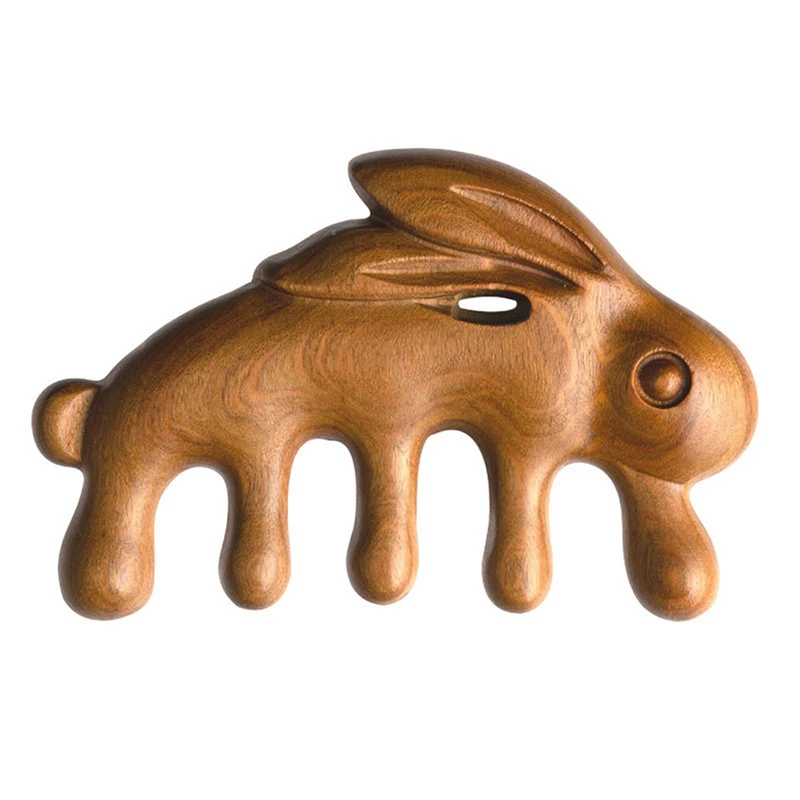 Wooden Massager Green Sandalwood Rabbit Massage Comb Head Meridian Gua Sha Scalp Relaxation Acupuncture Therapy Wide Teeth Comb