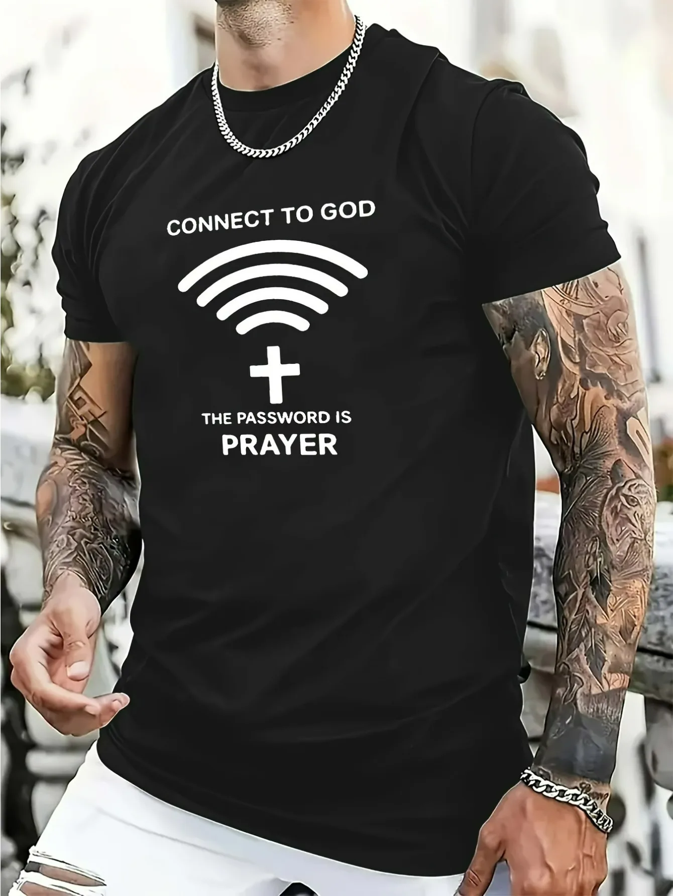 تي شيرت رجالي من القطن Up the Ante - "Connect with God" بتصميم WiFi وCross، إصدار كاجوال فضفاض = #1