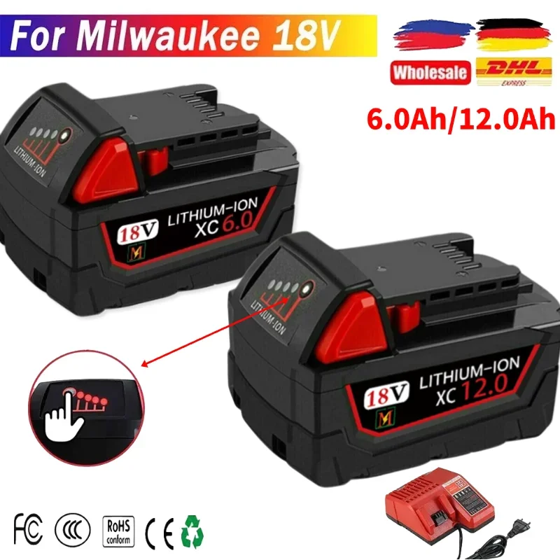 

18V, 6000mAh 12000mAh For Milwaukee M18 Power Tool Battery, Charger, BR, XC, M18B5, 48-11-1860 2642-21CT, Built-in 18650 Battery