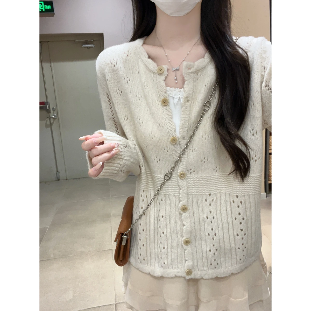 Women's Autumn Winter Knitted Sweater Chic Versatile Sweet Hollow out Lace Loose Mohair Open Cardigan round Ne Top