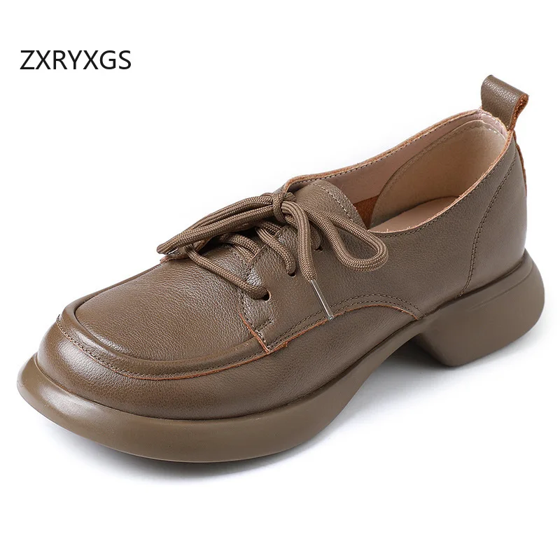 ZXRYXGS British Trend Round Toe Lace-up Top Cowhide Leather Shoes Woman New Low Heels 2025 Comfort Large Size Women Trendy Shoes