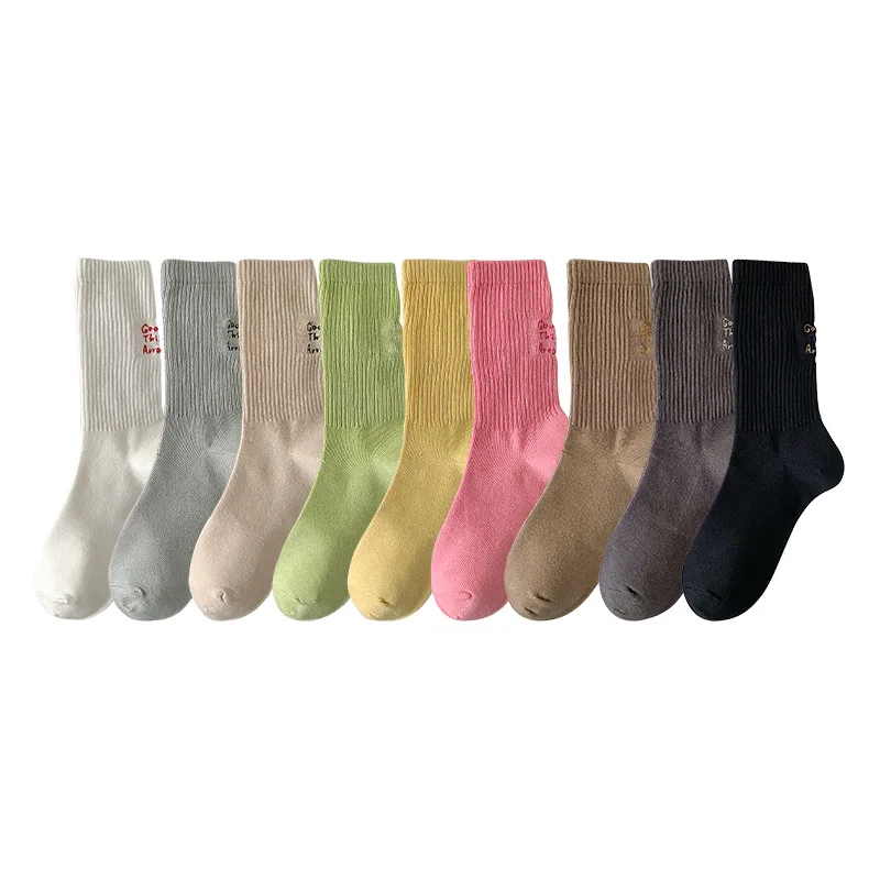 Socks for Women Spring Summer Cotton Midtube Socks Candy Color Ins Style Embroidery Solid Color Tide Socks