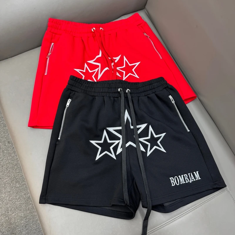 

Black Red Embroidery Stars Zipper Pockets Shorts Loose Straight Shortpants for Men Women