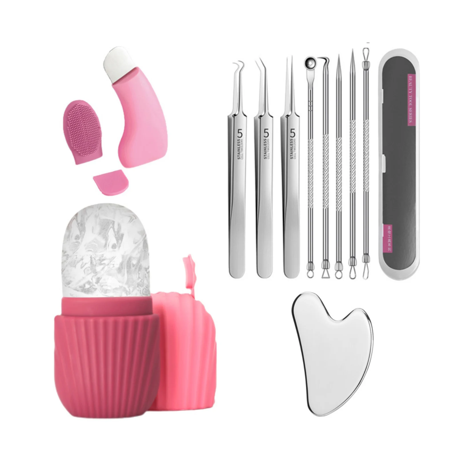 Gezichtsverzorging schoonheidsset, oogijsroller, puistjespincet, mee-eterschraper, combinatieset, gezichtsreiniging en huidverzorgingstool