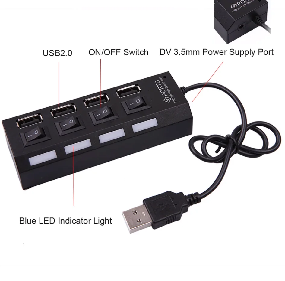 HUB USB de alta velocidade 4/7 portas USB HUB 2.0 adaptador expansor multi USB divisor extensor múltiplo com interruptor de lâmpada LED para PCLaptoP