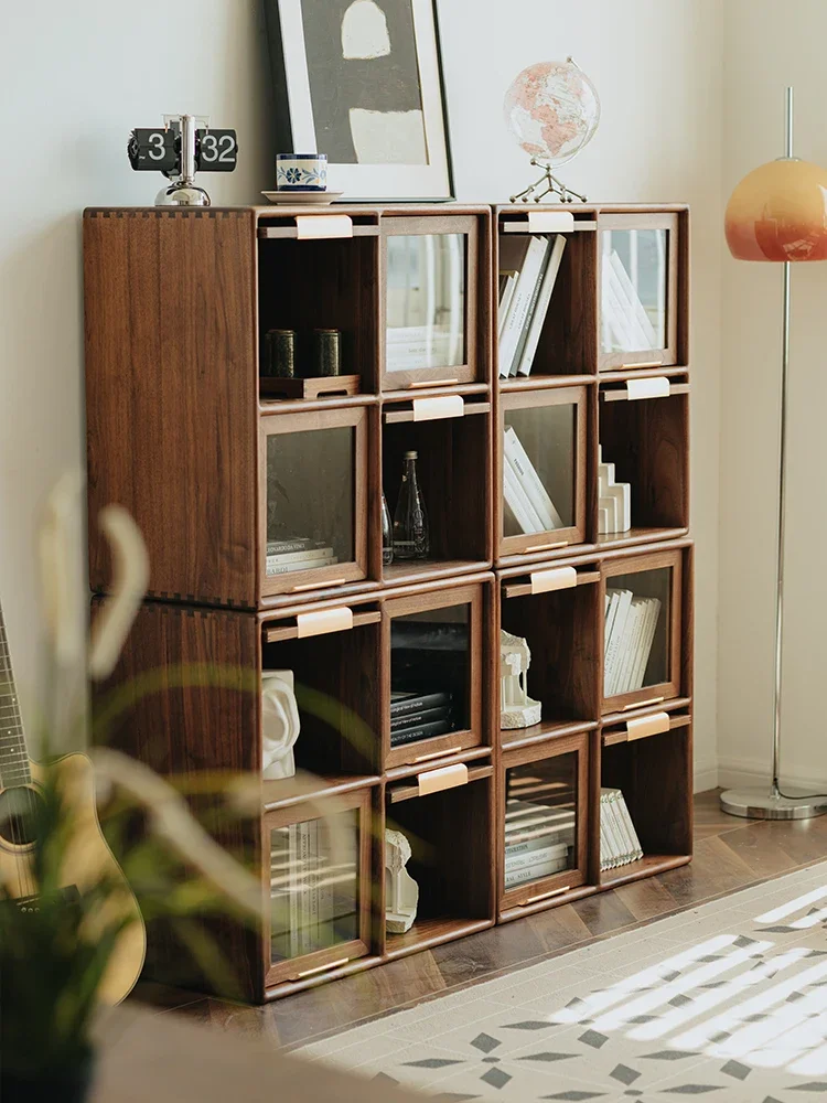 Four-grid cabinet  black walnut solid wood bookcase free combination living room combination   grid  floor cabinet