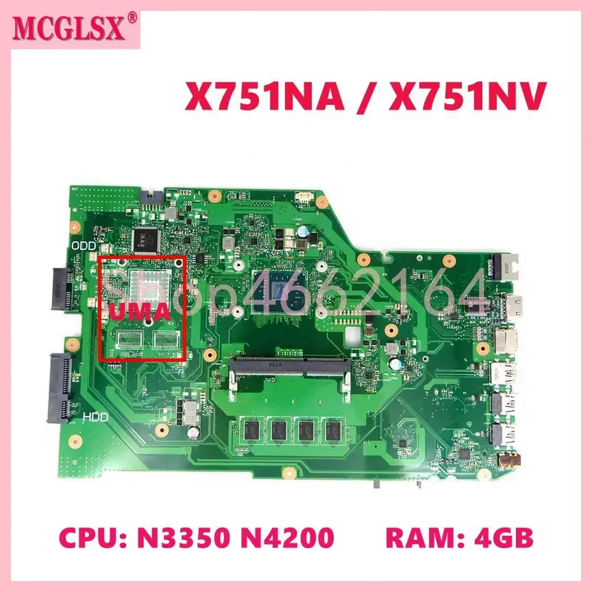 X751NV With N3350 N3450 N4200 CPU 4GB RAM UMA/DIS Notebook Mainboard For ASUS X751 X751N X751NA X751NV Laptop Motherboard