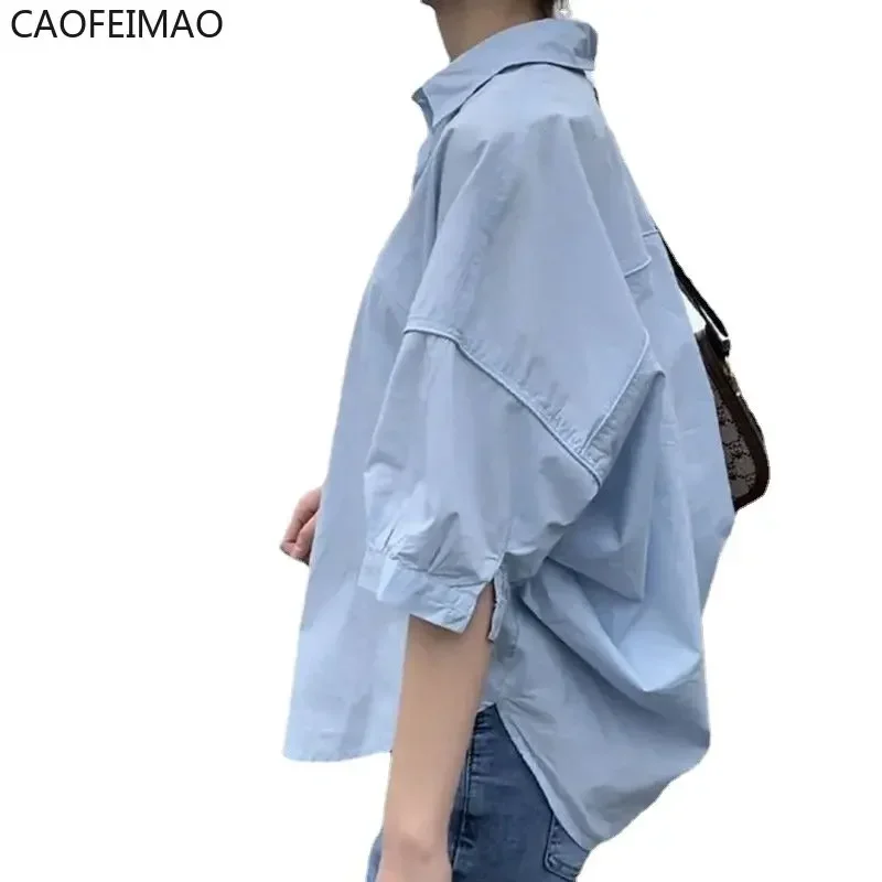 Cotton Mid-sleeve Thin Woman Caofeimao 2025 Summer New Loose Fashion Irregular Shirt Casual Vacation Top Korean Women's Clothes