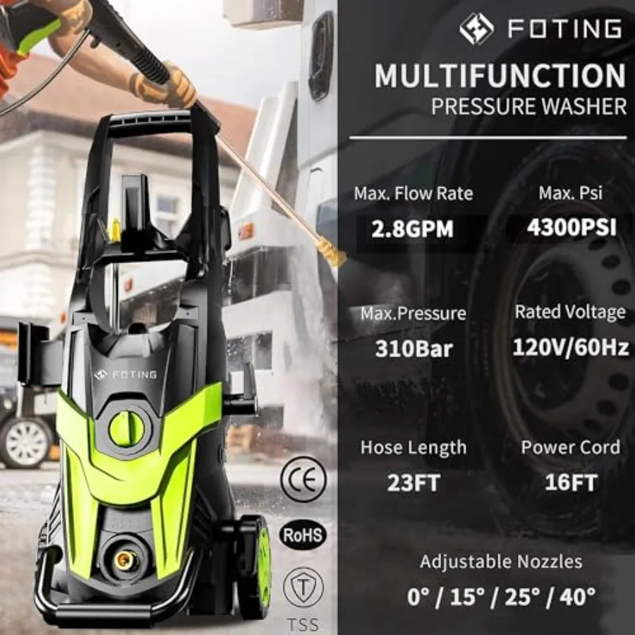 

[NO HOSE] Power washer 4300PSI with 4 quick connect nozzles filter foam cannon for cars/fences/driveways/home cleaning green