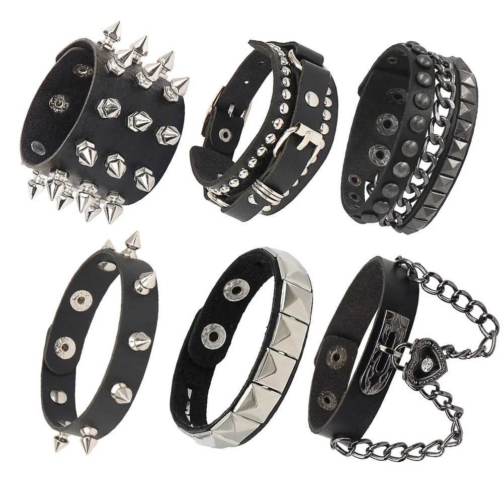 PU Leather Bracelet Punk Goth Studded Spike Rivet Buckle Wristband Cuff Bangle Black Gothic Steampunk for Men Women Accessories