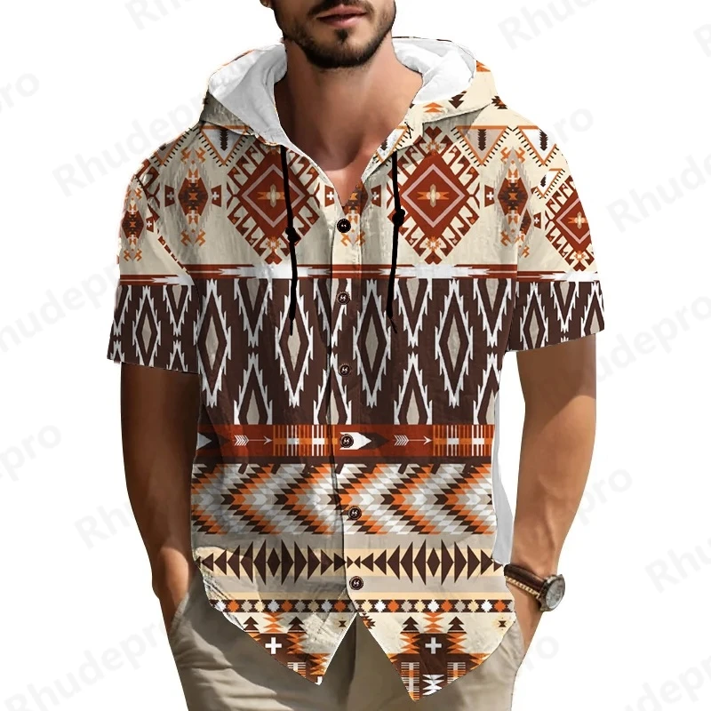 

2025 топов, мужские однобортные рубашки с капюшоном в национальном стиле, повседневный кардиган с короткими рукавами, рубашка с 3D принтом на пуговицах