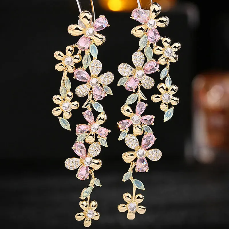 

SINZRY Hot Sale Luxury Bridal Jewelry Accessory CZ Color Flower Long Drop Earrings For Women