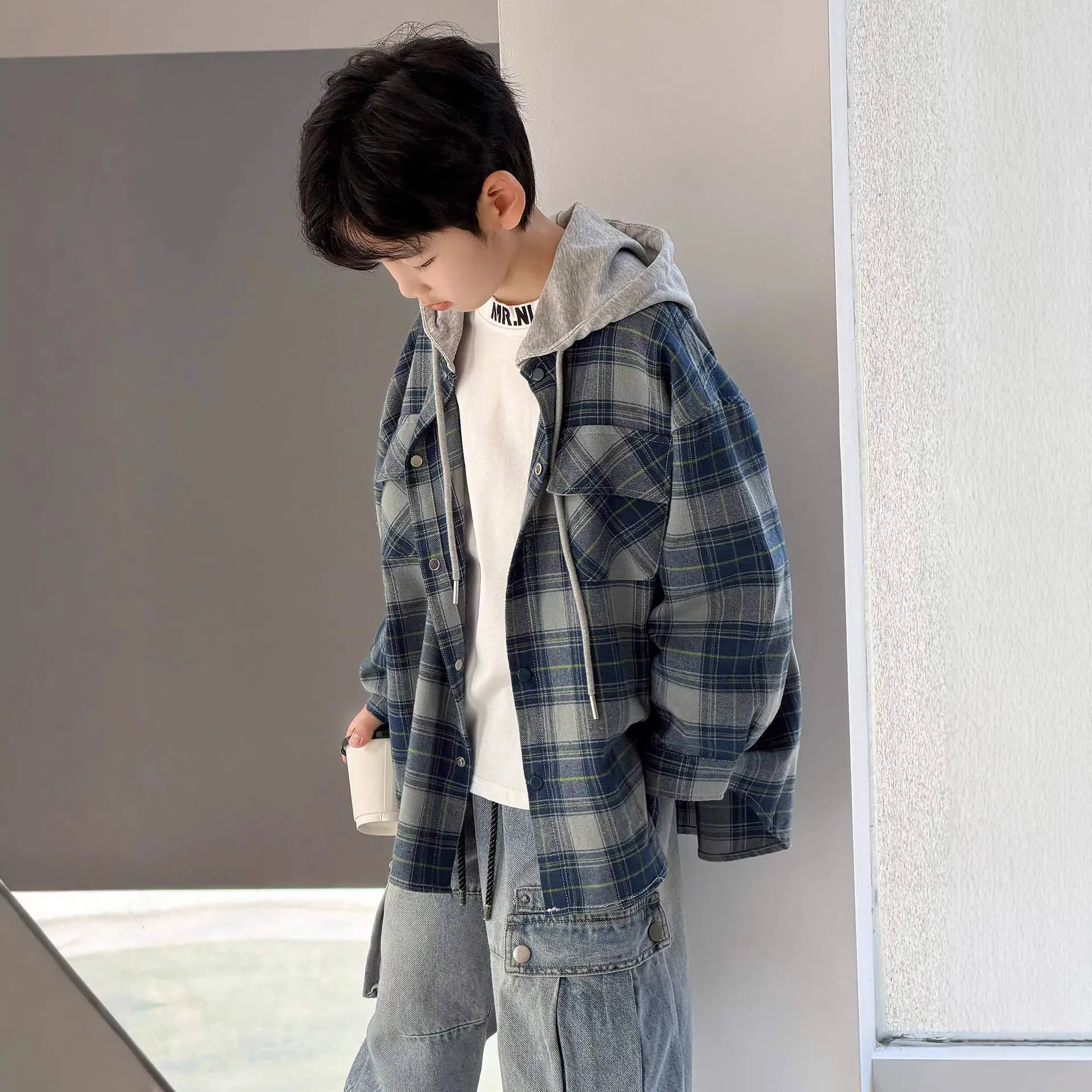 Boys Coat Autumn 2026 New Spring and Autumn Boys Handsome Hooded Top Childrens Checkered Shirt