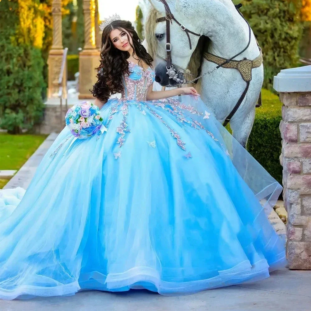 Tulle Ball Gown Quinceanera Dresses Light Blue 3D Flowers Beaded Sweet 16 Dresses Mexican Girls Vestido De 15 Años