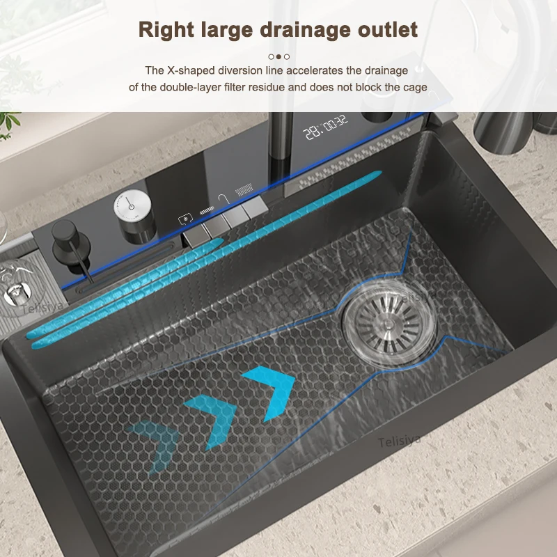 Double Waterfall Sink Embossed Stainless Steel Kitchen Sink Large Single Slot Digital Display Wash Basin Dishwashing pond