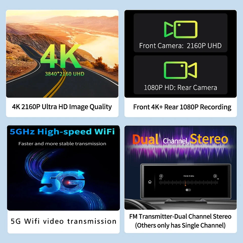 10.26 Inch Dash Cam 4K CarPlay Android Auto Car Dvr Wireless 5G WiFi Bluetooth AUX Dashcam GPS Track FM Video Recorder Camera image 4