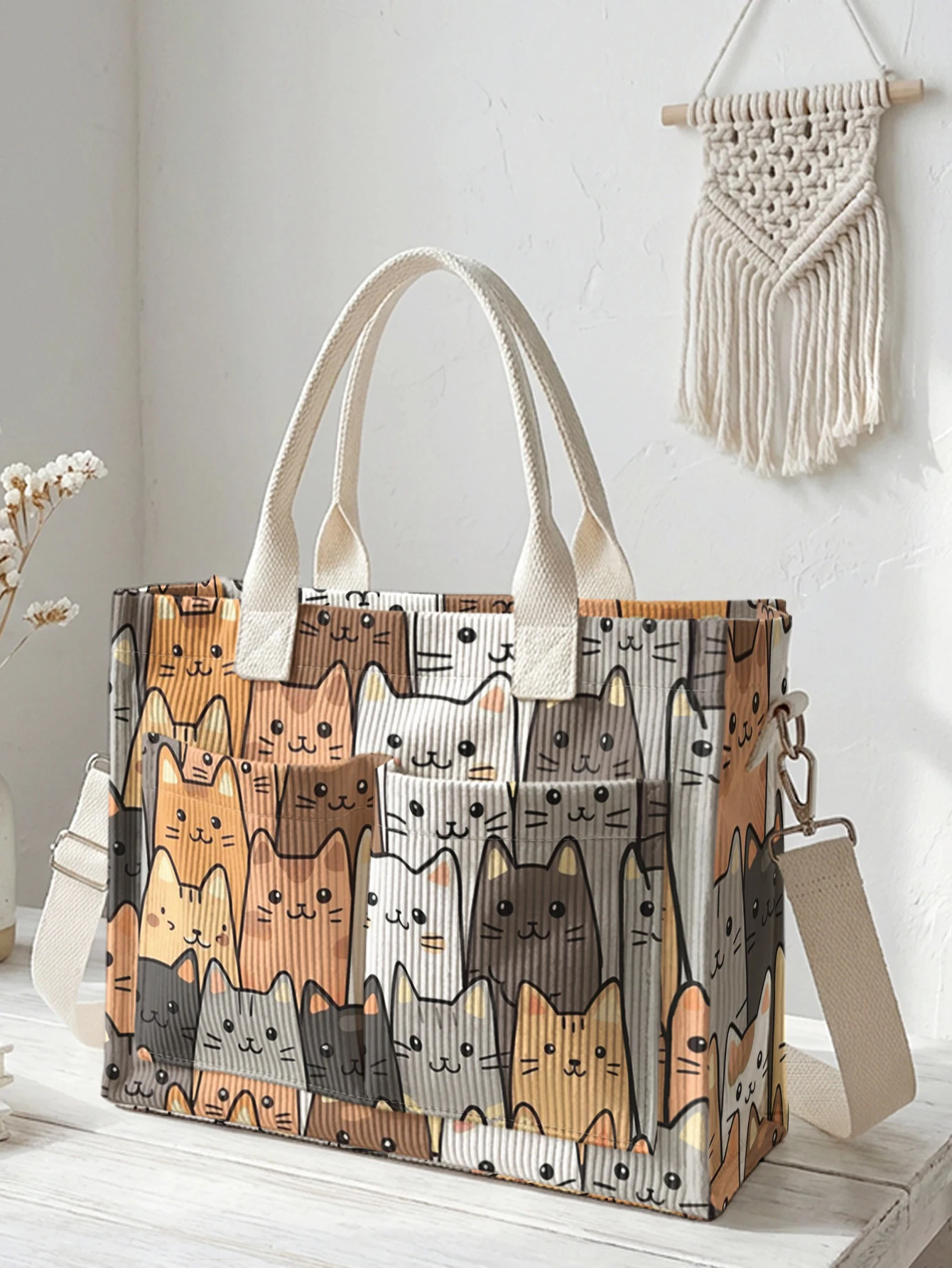 Cute Cartoon Cat Collage Print Corduroy Tote Bag Large Capacity Multi Pocket Cat Lover Commuter Shoulder Bag