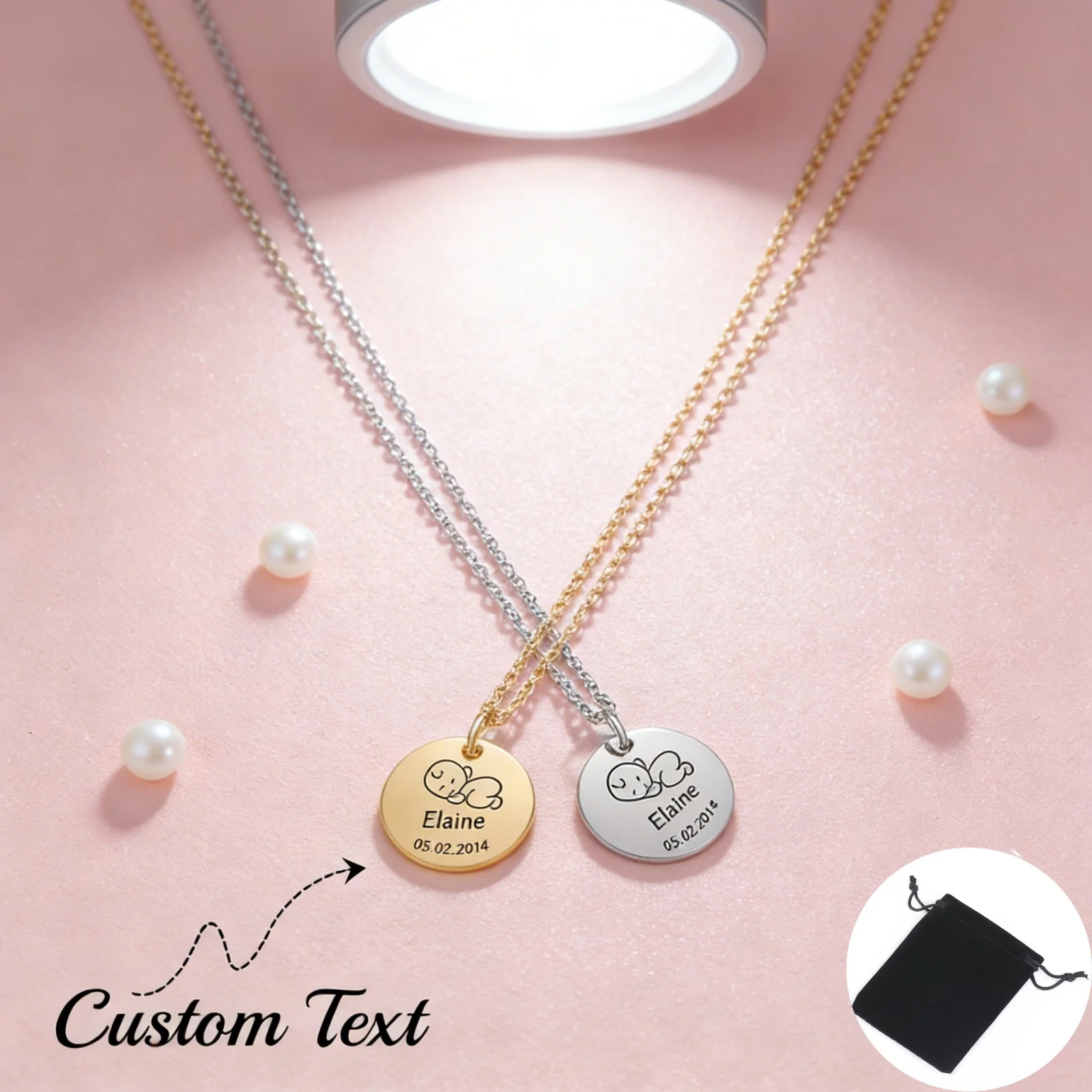 Customized Name Date Round Pendant Necklace, Stainless Steel Gift