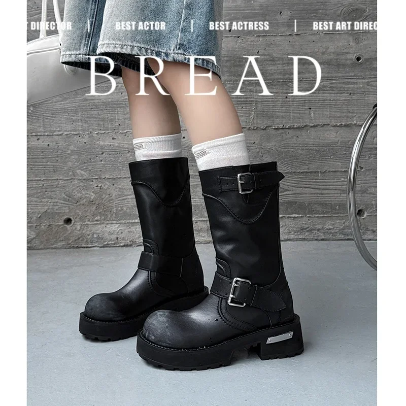 2026 new autumn winter women mid-calf boots 22-25cm cowhide+split leather belt buckle slip on motorcycle boots platform boots