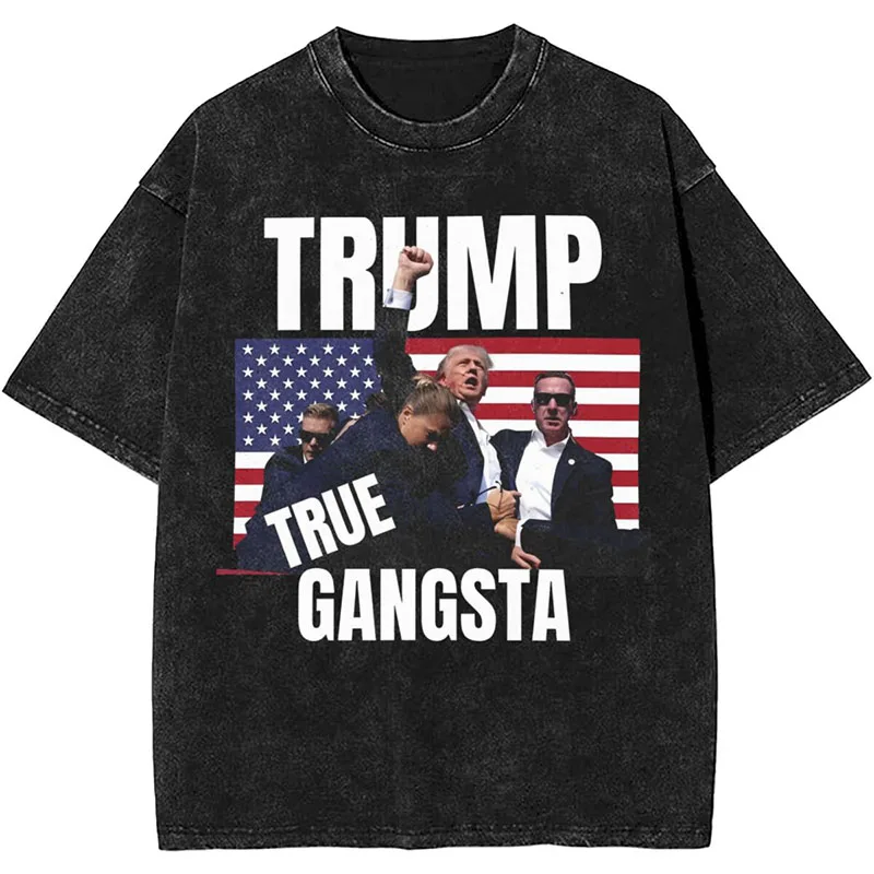

Trump Graphic Printing T-shirts Washed Shirt Outfit Donald Trump Washed Printed Tee Shirt Men Women Same Style Trendy Retro