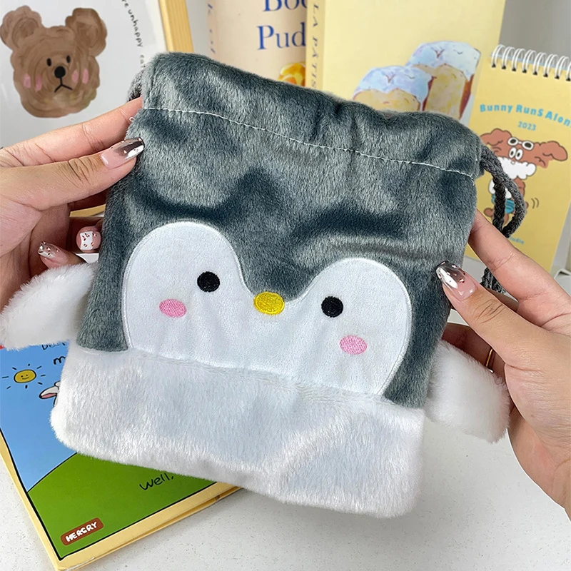 Cartoon Penguin Plush Drawstring Bundle Pocket Plush Portable Large Capacity Handbag Cosmetic Cell Phone Sundry Organizer