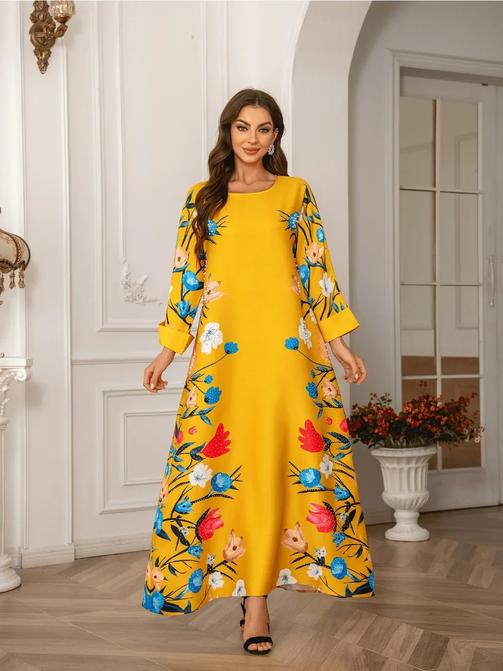 

Muslim Dubai Abaya for Women Party Dresses Jalabiya Flower Print Arab Long Robe Islam Vestidos Eid Ramadan Morocco Abayas Kaftan