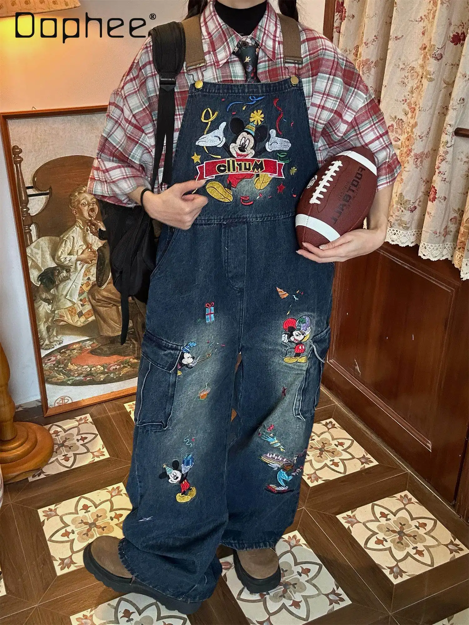 American Retro Jumpsuit 2026 New Cartoon Heavy Industry Embroidery Washed Denim Wide-leg Overalls Women Jeans