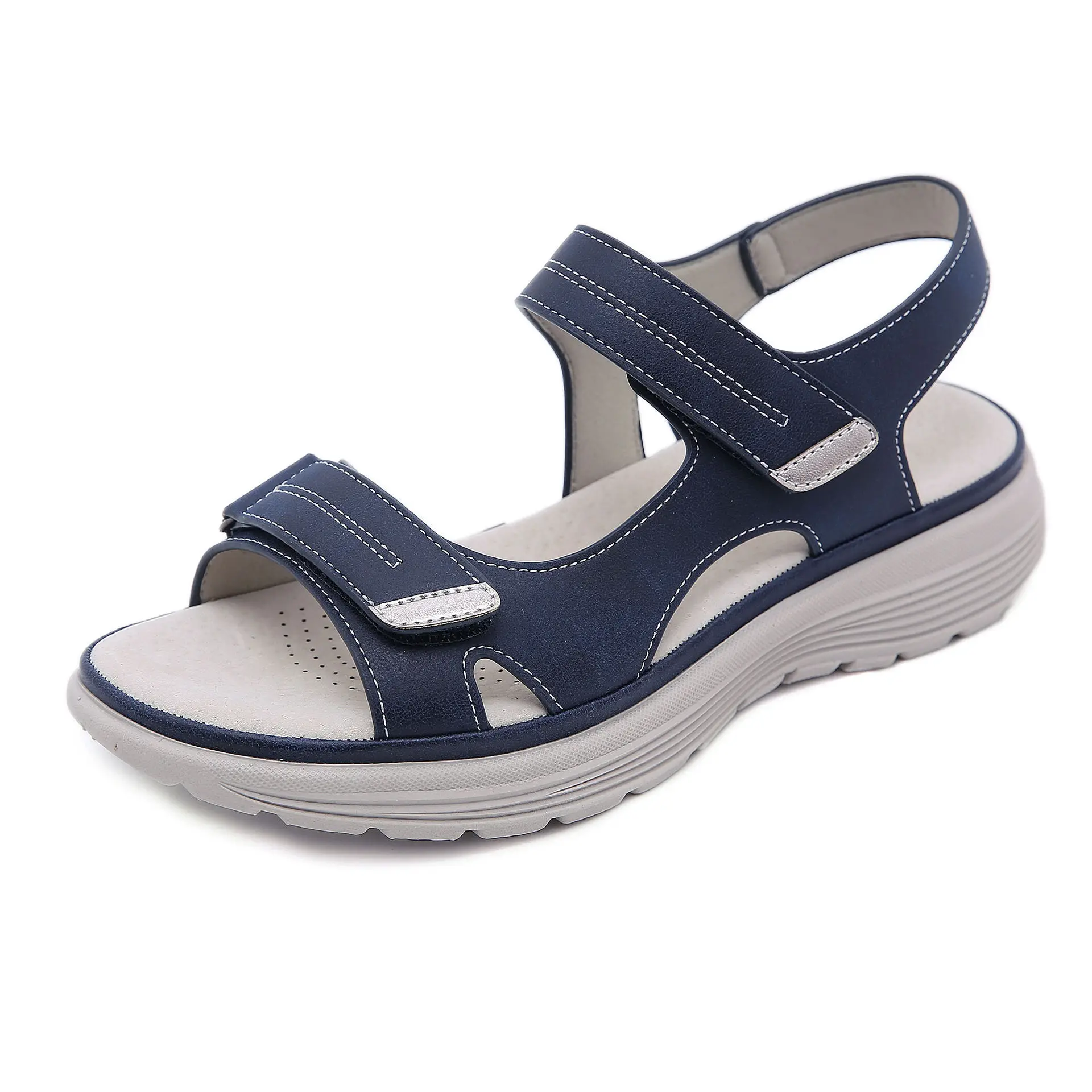 SIKETU Brand Hook Loop Sandals Women Summer Leather Light Leisure Wedge Platform Shoes Blue Girls Outside Anti-slide Apricot 42