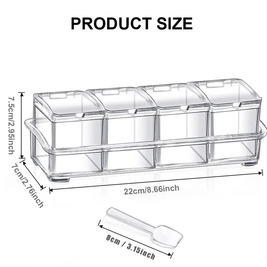 4Pcs Clear Acrylic Seasoning Box Kitchen Condiment Storage Jars with Cover and Spoon Spice Container