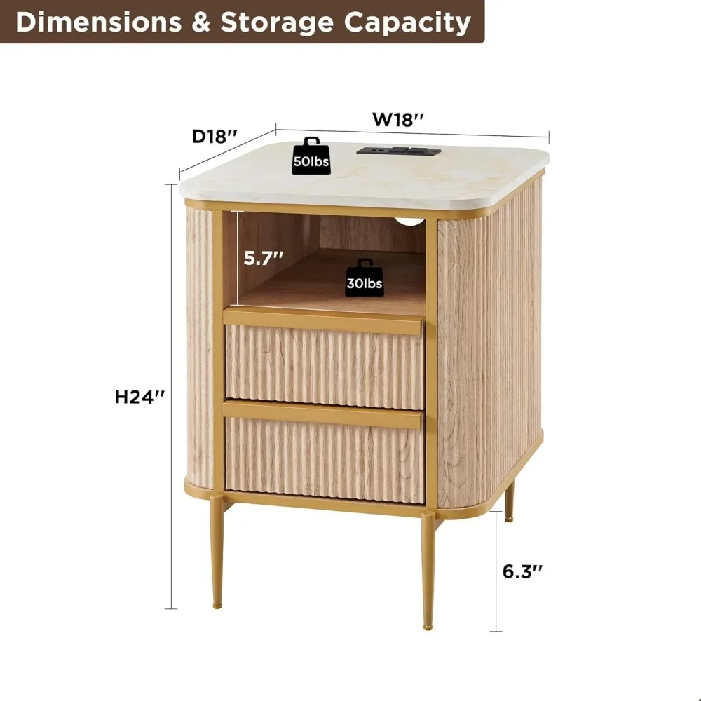 Modern Chic Fluted Nightstand Luxury with Charging Station, End Table/Bed Side Table w/2 Drawers, Faux Marble Tabletop