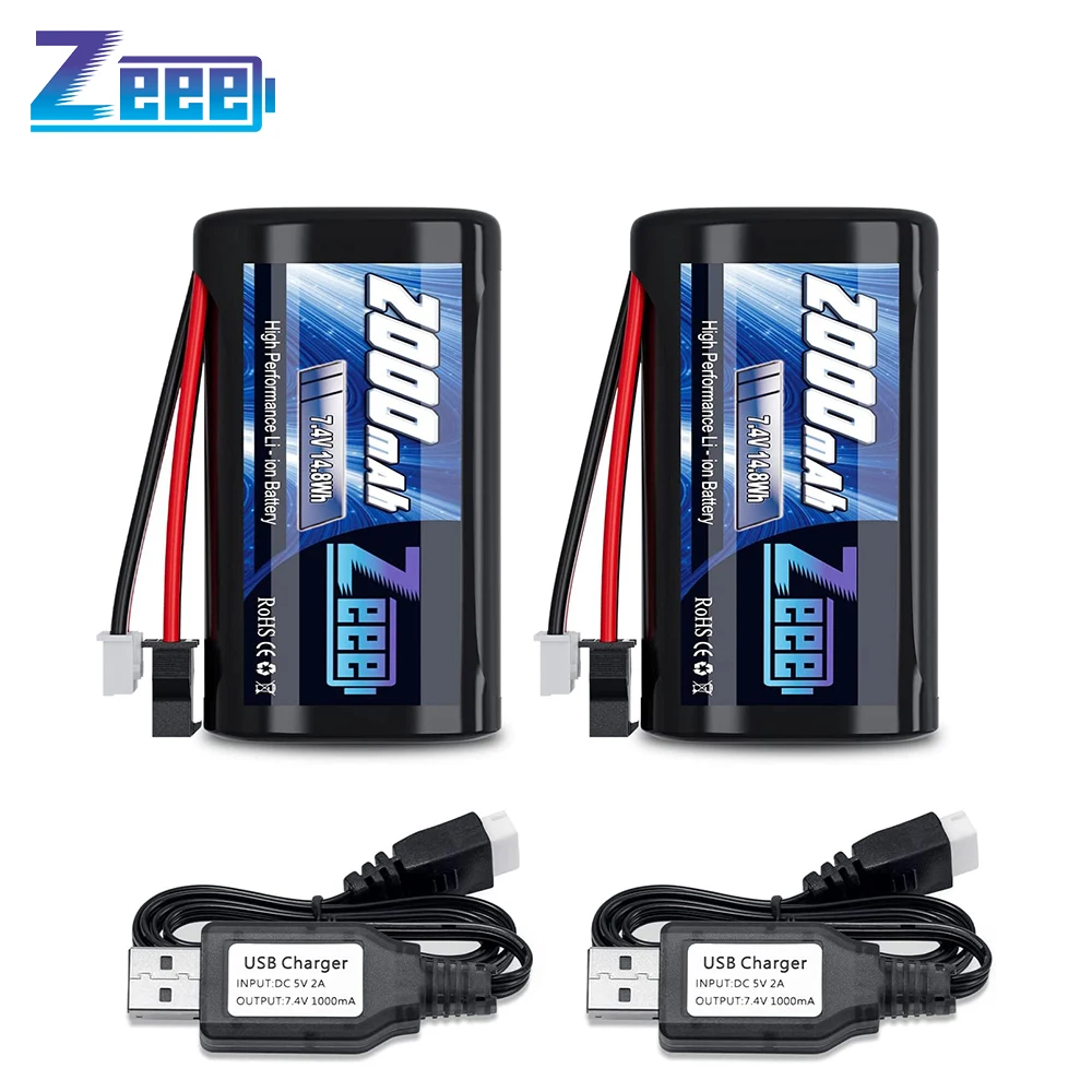 Zeee-2S Bateria Li-ion, 7.4V, 2000mAh Bateria, Conector SM 2P, 2 Carregador USB para Carros RC, Caminhões, Peças FPV Corrida Hobby, 2 Unidades