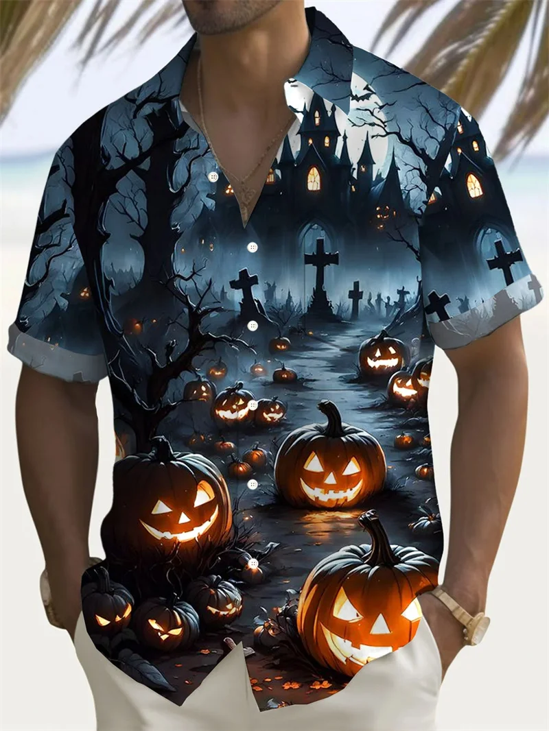 

Christmas style pumpkin head fashionable Hawaiian shirt short sleeved loose men's shirt daily social 2024high-end printed shirt