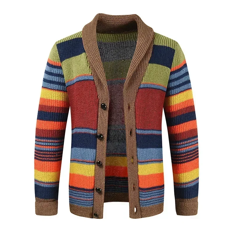 

2024 Spring Fashion Men's V-Neck Collar Cardigan Sweater Slim Fit Cable Knit Patchwork Merino Woolen Long Sleeve Casual Male