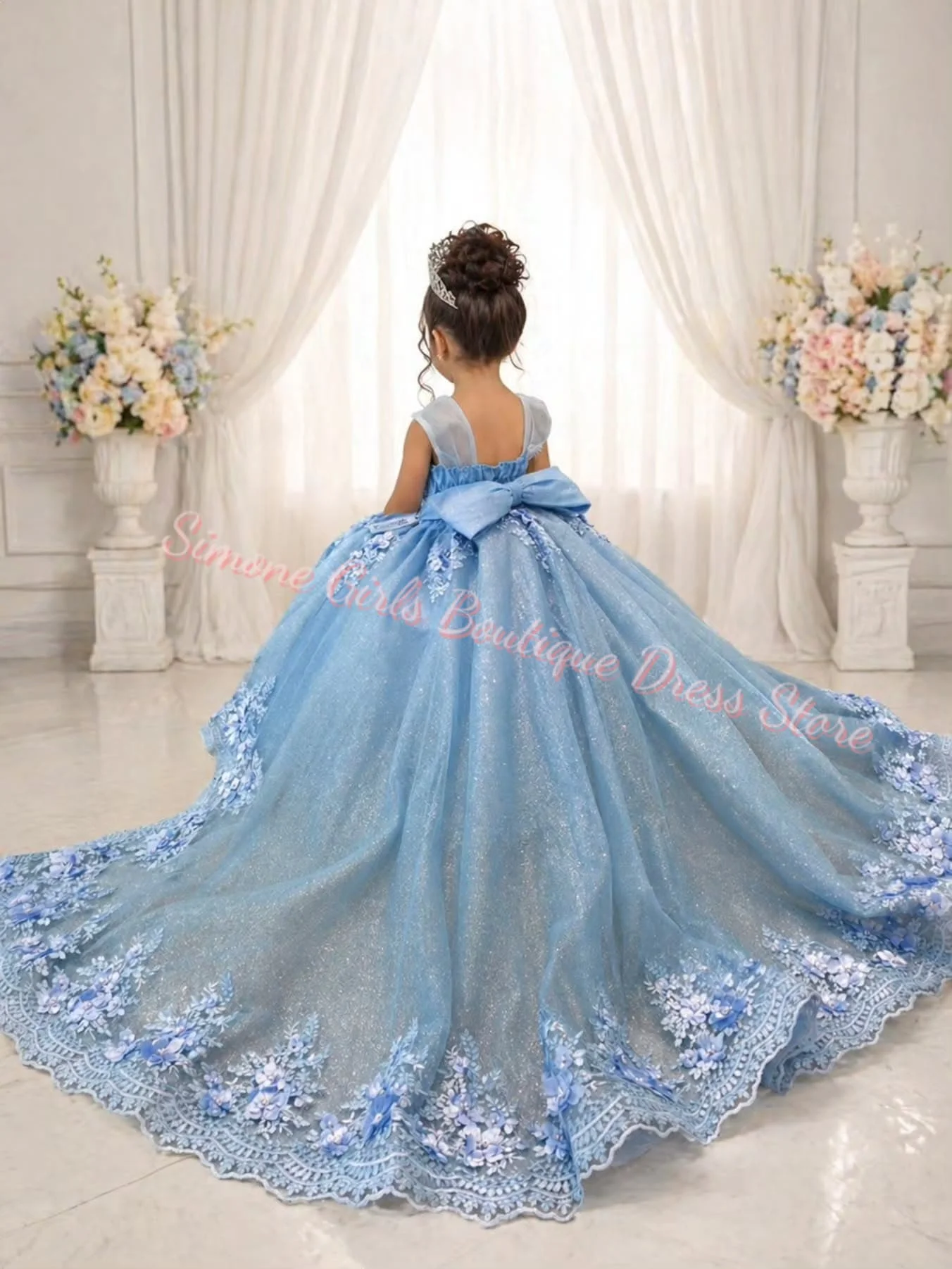 Quality Blue Lace Appliques Flower Girl Dresses for Wedding with Train Bow Floor Length Birthday Party First Communion Gowns